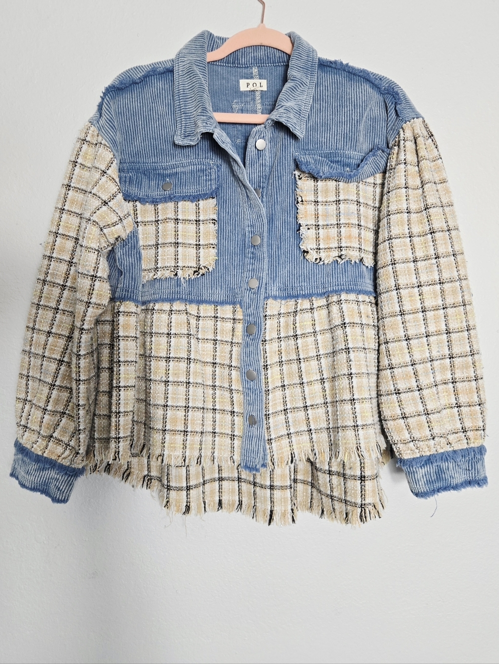 POL Corduroy Plaid Tweed Button Down Shirt Jacket Blue Medium - Picture 2 of 12